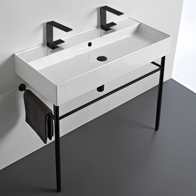 Bathroom Sink, Scarabeo 8031/R-100B-CON-BLK, Double Ceramic Console Sink and Matte Black Stand